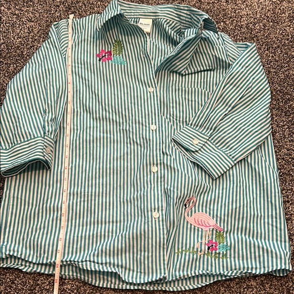 Blair Blue White and Pink Button Down Shirt with Embroidery Flamingo - Picture 1 of 7